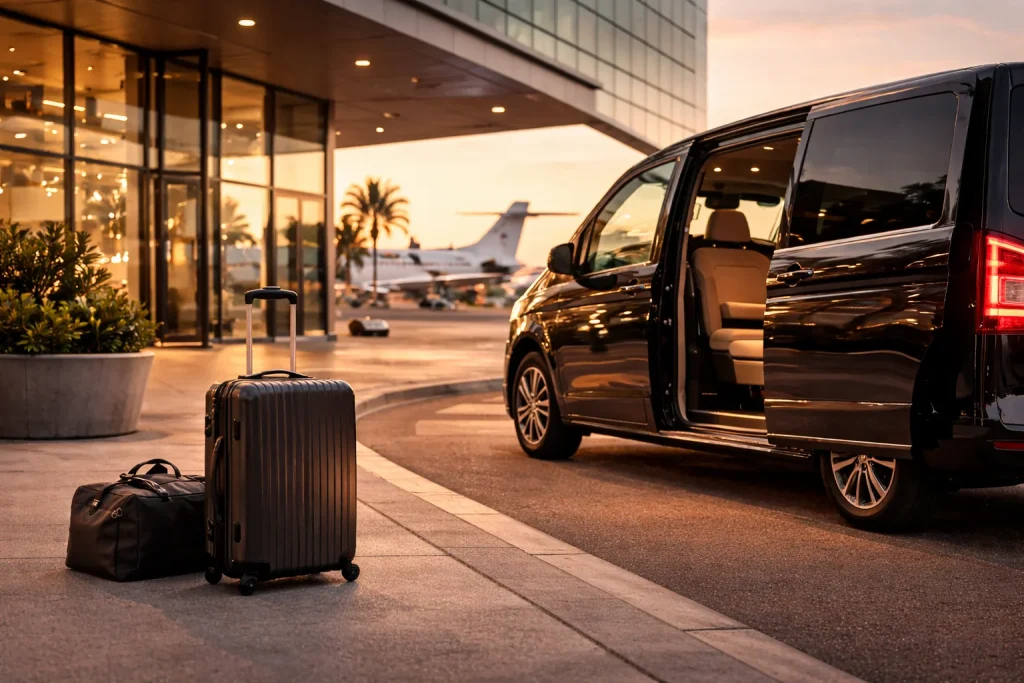 vanity premium transfers corfu luggage jet terminal sunset