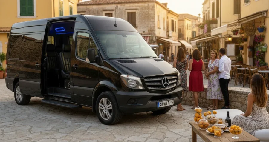 vanity premium transfers corfu mercedes sprinter village street
